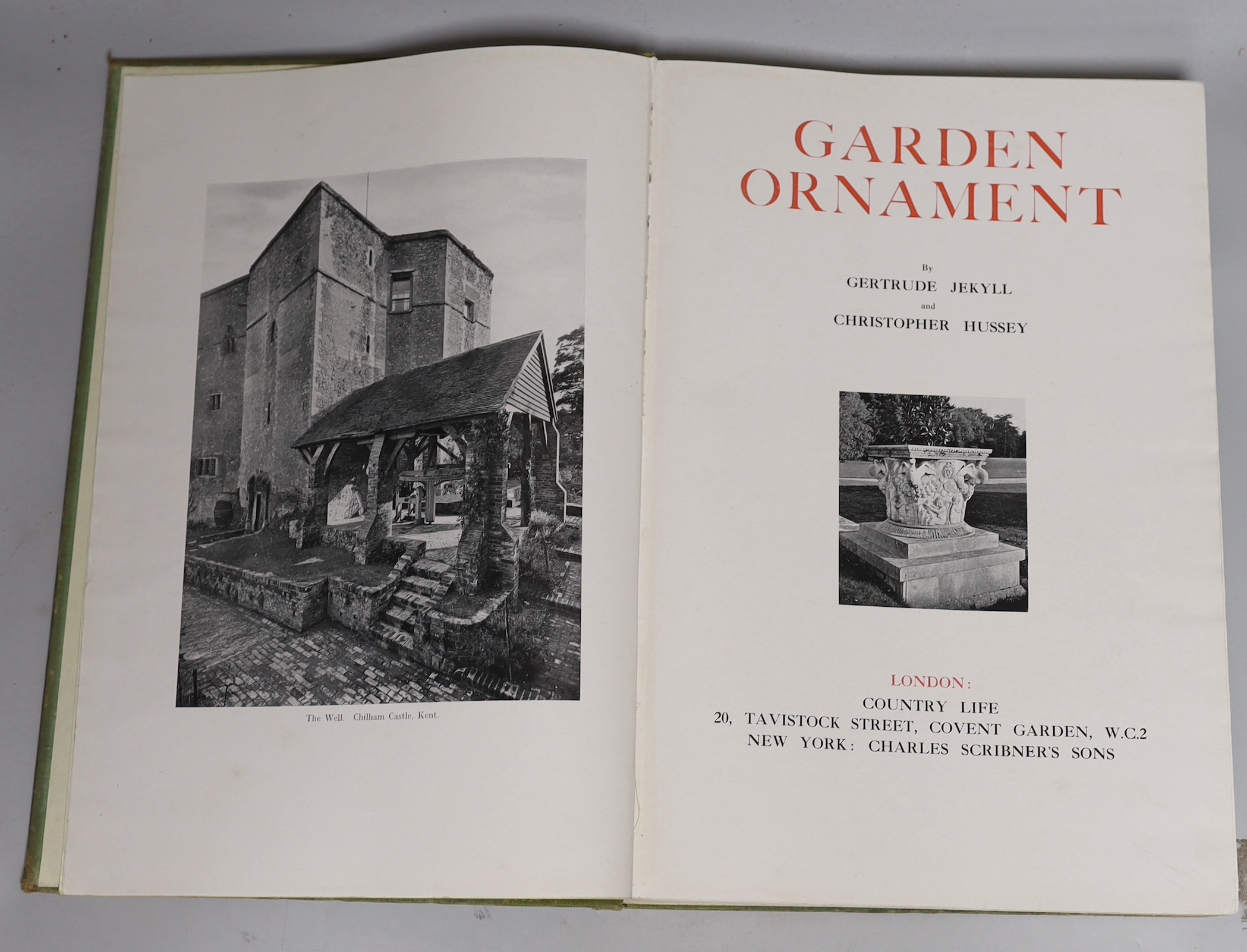 Jekyll, G and Hussey, C - Garden Ornament, second edition, original cloth, 1927 and Tipping, H.A – Grinling Gibbons, original cloth-backed boards, 1914, (2)
